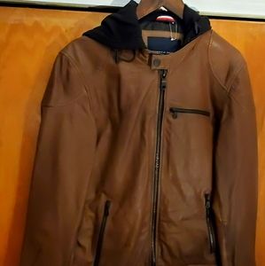 Tommy Hilfiger brown leather jacket with hood